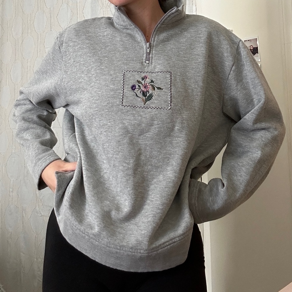 Gray Embroidered Quarter-Zip Women's Top